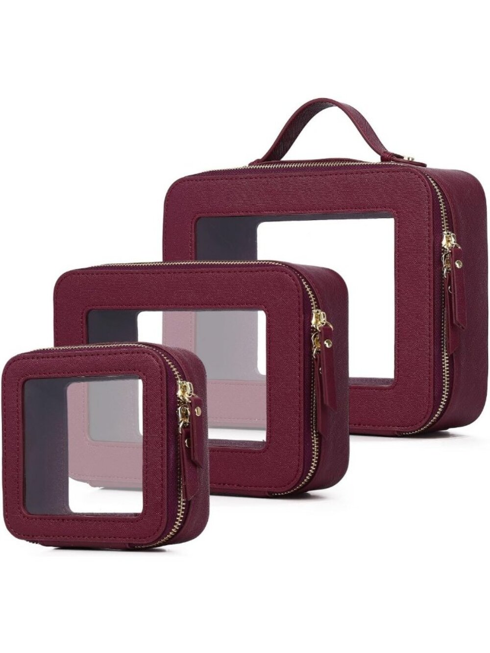 Stylish Clear Makeup Bag Set - Burgundy Cosmetic Organizer (Large, Medium, Mini)